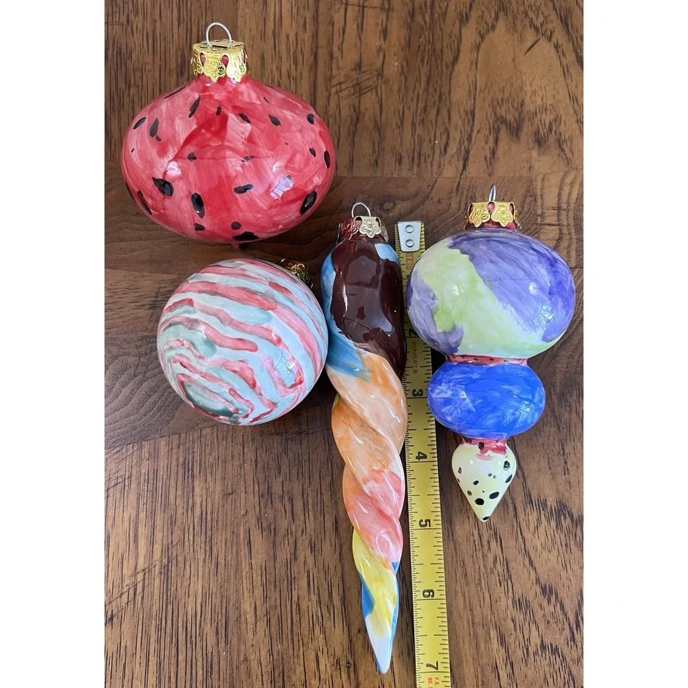 4 Artisan Hand Blown & Painted Large Glass Ornaments Lot Multi Colored